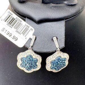 Platinum Over Bronze Blue Crystal Clover Drop Dangle Earrings Luxe Jewelry NEW